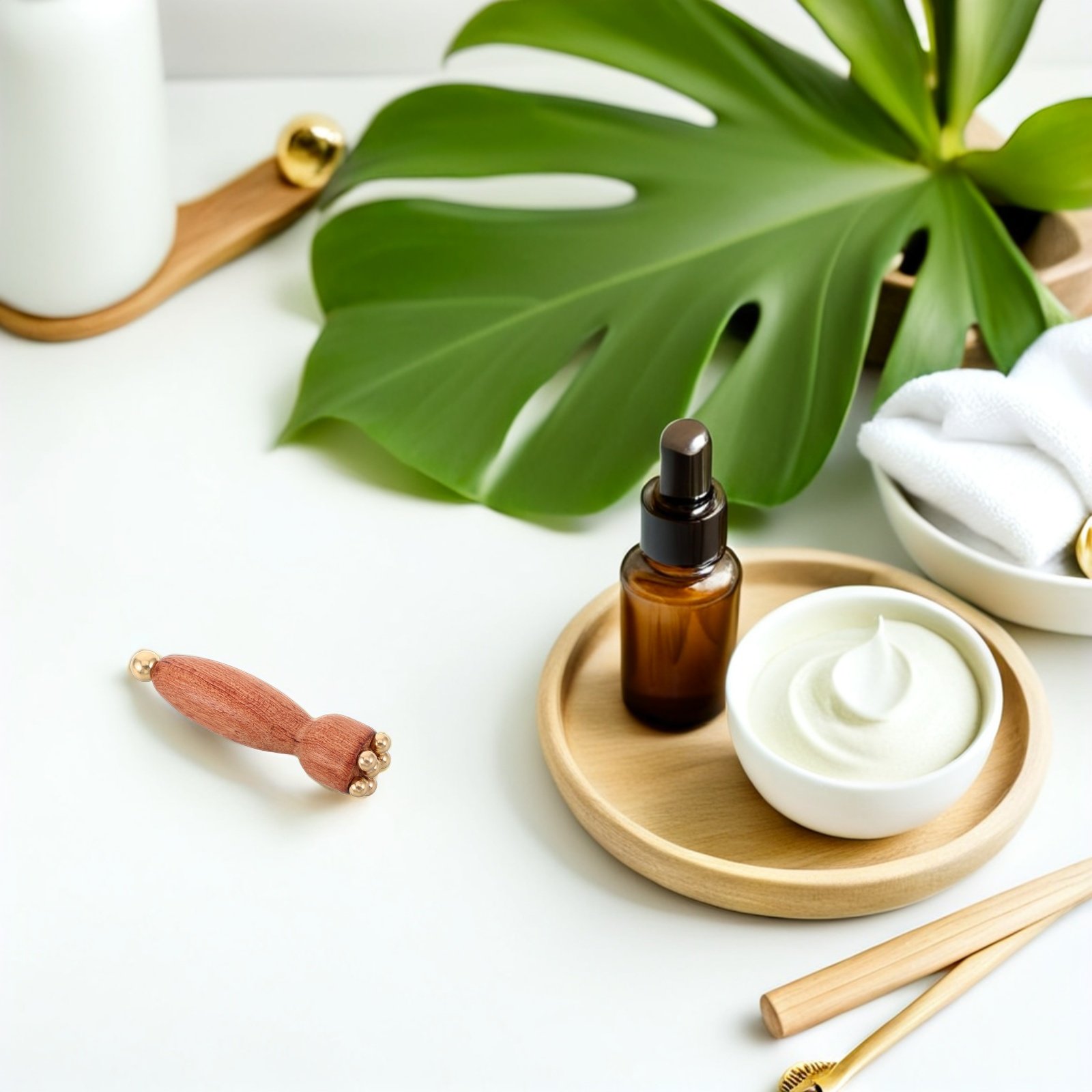 Spa Massager - 木製アイマッサージツール 木製銅ビーズ ミニ蓮の実型 目元マッサージローラー フェイススパマッサージ むくみ解消