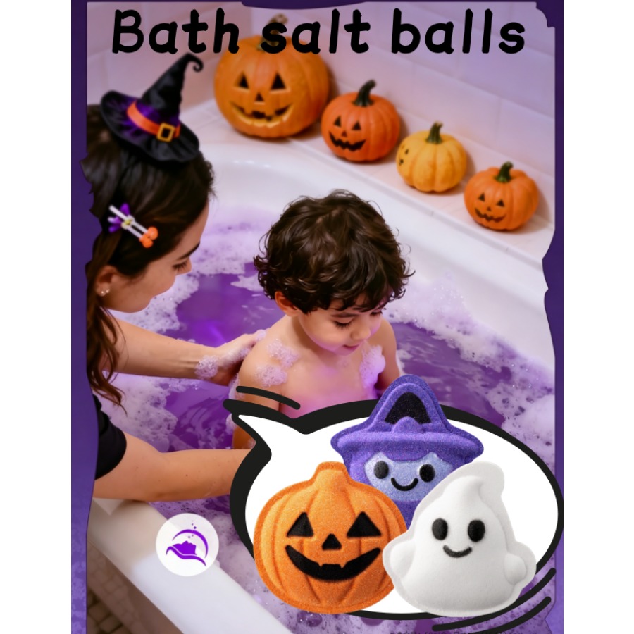 Bath Salts - ハロウィーンのおもちゃ、バスソルトボール（1個または3個入り）。男の子にも女の子にも。かぼちゃ、魔女、お化けの形をした、泡が出るバスソルト。海塩、花、フルーツの香り。