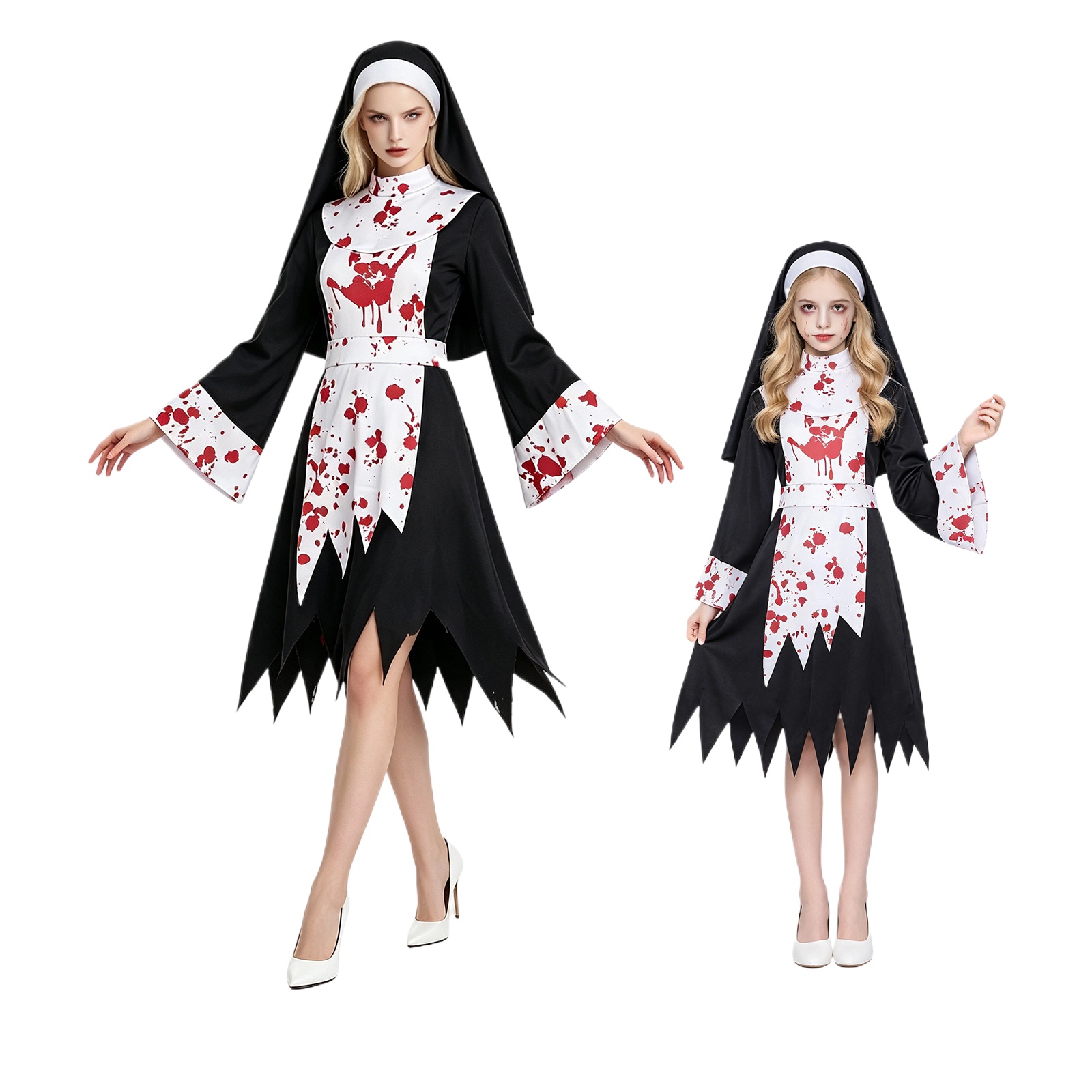 Bathrobe - 女性・子供用ハロウィン怖いダーク修道女コスプレコスチューム血まみれの修道女ドレスセットゾンビテーマステージカーニバルパーティーローブファンシードレス
