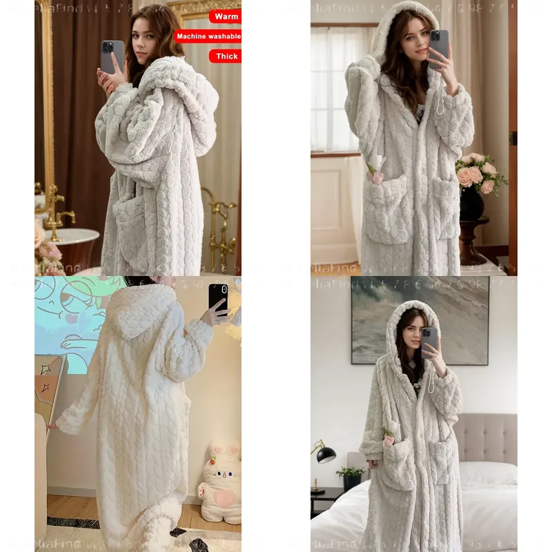 Bathrobe - レディースフランネルローブ 秋冬用 コーラルフリース ロング丈 ラウンジウェア ゆったりスリープローブ